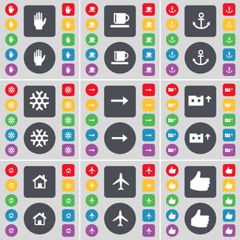 Hand, Cup, Anchor, Snowflake, Arrow right, Cassette, House, Airplane, Like icon symbol. A large set of flat, colored buttons for your design. illustration