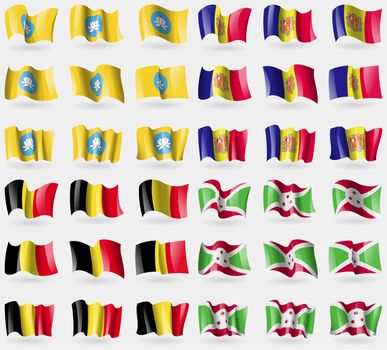 Kalmykia, Andorra, Belgium, Burundi. Set of 36 flags of the countries of the world. illustration