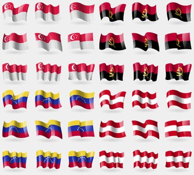Singapore, Angola, Venezuela, Austria. Set of 36 flags of the countries of the world. illustration