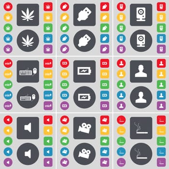 Marijuana, USB, Speaker, Keyboard, Charging, Avatar, Sound, Film camera, Cigarette icon symbol. A large set of flat, colored buttons for your design. illustration