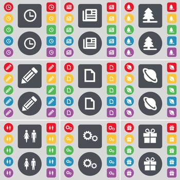 Clock, Newspaper, Firtree, Pencil, File, Planet, Silhouette, Gear, Gift icon symbol. A large set of flat, colored buttons for your design. illustration
