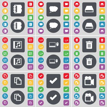 Notebook, Chat cloud, Hard drive, Media window, Laptop, Trash can, Copy, Tick, Film camera icon symbol. A large set of flat, colored buttons for your design. illustration