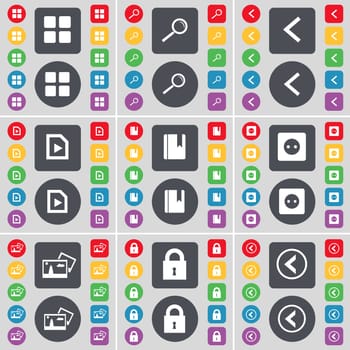 Apps, Magnifying glass, Arrow left, File, Dictionary, Socket, Picture, Lock, Arrow left icon symbol. A large set of flat, colored buttons for your design. illustration