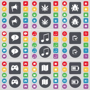 Megaphone, Marijuana, Bug, Chat bubble, Note, Survey, Gamepad, Map, Battery icon symbol. A large set of flat, colored buttons for your design. illustration