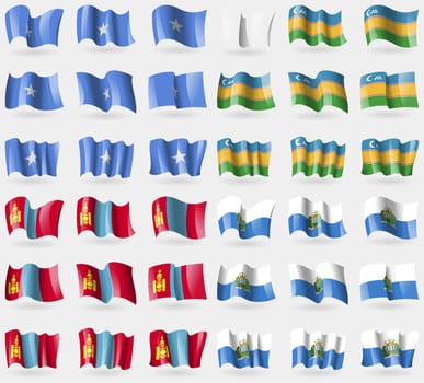 Somalia, Karakalpakstan, Mongolia, San Marino. Set of 36 flags of the countries of the world. illustration