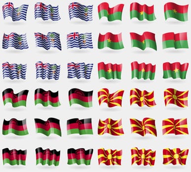 British Indian Ocean Territory, Burkia Faso, Malawi, Macedonia. Set of 36 flags of the countries of the world. illustration