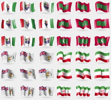 Bosnia and Herzegovina Federation, Maldives, British Antarctic Territory, Iran. Set of 36 flags of the countries of the world. illustration