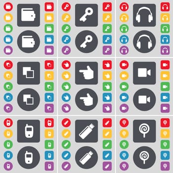Wallet, Key, Headphones, Copy, Hand, Film camera, Mobile phone, USB, Lollipop icon symbol. A large set of flat, colored buttons for your design. illustration