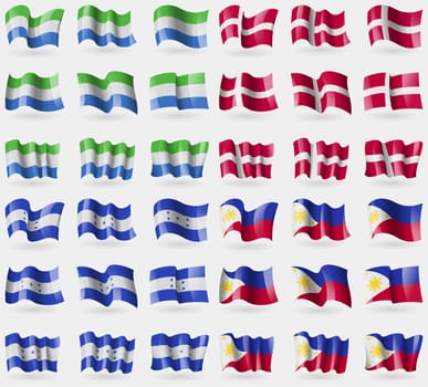 Siearra Leone, Denmark, Honduras, Phillippines. Set of 36 flags of the countries of the world. illustration