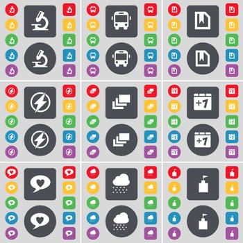 Microscope, Bus, File, Flash, Gallery, Plus one, Chat bubble, Cloud, Flag tower icon symbol. A large set of flat, colored buttons for your design. illustration