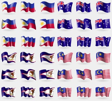 Philippines, Australia, American Samoa, Malaysia. Set of 36 flags of the countries of the world. illustration