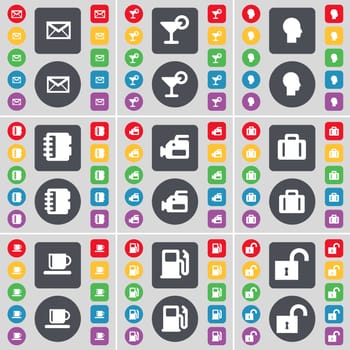 Message, Cocktail, Silhouette, Notebook, Videocamera, Suitcase, Cup, Gas station, Lock icon symbol. A large set of flat, colored buttons for your design. illustration