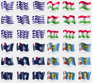 Greece, Tajikistan, French and Antartic, Saint Pierre and Miquelon. Set of 36 flags of the countries of the world. illustration