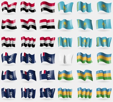 Yemen, Kazakhstan, French and Antarctic, Karakalpakstan. Set of 36 flags of the countries of the world. illustration