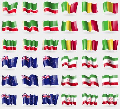 Chechen Republic, Mali, New Zeland, Iran. Set of 36 flags of the countries of the world. illustration