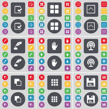 Survey, Apps, Arrow up, Inkpot, Hand, Wi-Fi, Copy, Floppy icon symbol. A large set of flat, colored buttons for your design. illustration