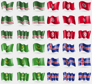 Chechen Republic of Ichkeria, Tunisia, Mauritania, Iceland. Set of 36 flags of the countries of the world. illustration