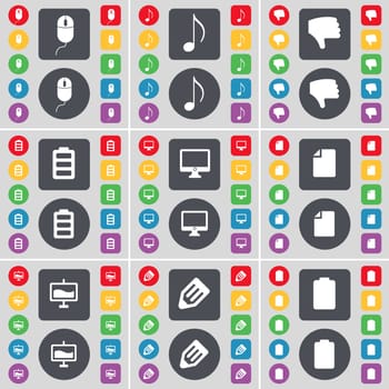 Mouse, Note, Dislike, Battery, Monitor, File, Graph, Pencil icon symbol. A large set of flat, colored buttons for your design. illustration