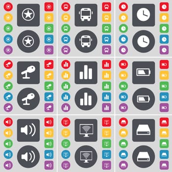 Star, Bus, Clock, Microphone, Diagram, Battery, Sound, Monitor, Hard drive icon symbol. A large set of flat, colored buttons for your design. illustration