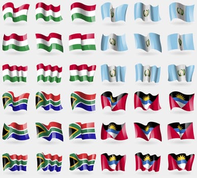 Hugary, Guatemala, South Africa, Antigua and Barbuda. Set of 36 flags of the countries of the world. illustration