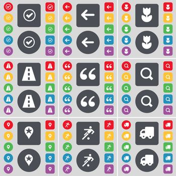 Tick, Arrow left, Flower, Road, Quotation mark, Magnifying glass, Checkpoint, Football, Truck icon symbol. A large set of flat, colored buttons for your design. illustration