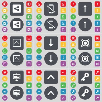 Share, Smartphone, Arrow up, Arrow down, Speaker, Graph, Key icon symbol. A large set of flat, colored buttons for your design. illustration