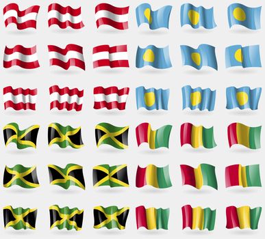 Austria, Palau, Jamaica, Guinea. Set of 36 flags of the countries of the world. illustration