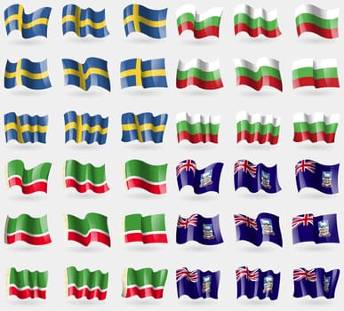 Sweden, Bulgaria, Chechen Republic, Falkland Islands. Set of 36 flags of the countries of the world. illustration