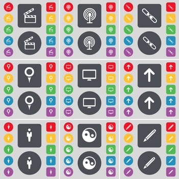Clapper, Wi-Fi, Link, Checkpoint, Monitor, Arrow up, Silhouette, Yin-Yang, Pencil icon symbol. A large set of flat, colored buttons for your design. illustration