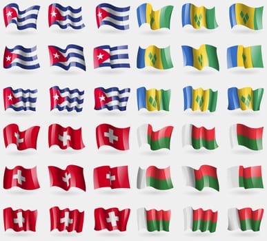 Cuba, Saint Vincent and Grenadines, Switzerland, Madagascar. Set of 36 flags of the countries of the world. illustration