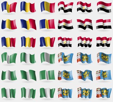 Romania, Egypt, Nigeria, Saint Pierre and Miquelon. Set of 36 flags of the countries of the world. illustration