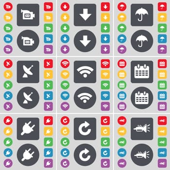 Film camera, Arrow down, Umbrella, Satellite dish, Wi-Fi, Calendar, Socket, Reload, Trumped icon symbol. A large set of flat, colored buttons for your design. illustration