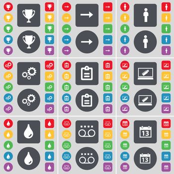Cup, Arrow right, Silhouette, Gear, Survey, Laptop, Drop, Cassette, Calendar icon symbol. A large set of flat, colored buttons for your design. illustration