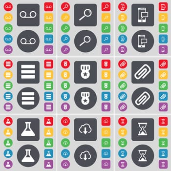 Cassette, Magnifying glass, SMS, Apps, Medal, Clip, Flask, Cloud, Hourglass icon symbol. A large set of flat, colored buttons for your design. illustration