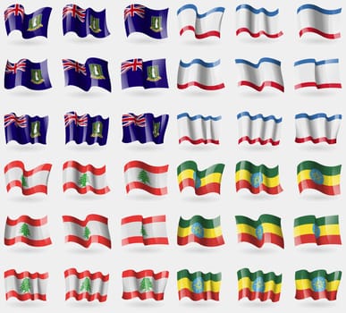 VirginIslandsUK, Crimea, Lebanon, Ethiopia. Set of 36 flags of the countries of the world. illustration