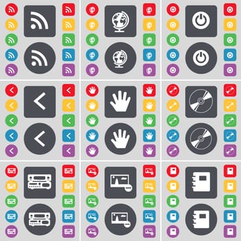 RSS, Globe, Power, Arrow left, Hand, DVD, Picture, Notebook icon symbol. A large set of flat, colored buttons for your design. illustration