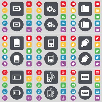 Charging, Gear, Folder, Battery, Mobile phone, USB, MP3 player, Cassette icon symbol. A large set of flat, colored buttons for your design. illustration