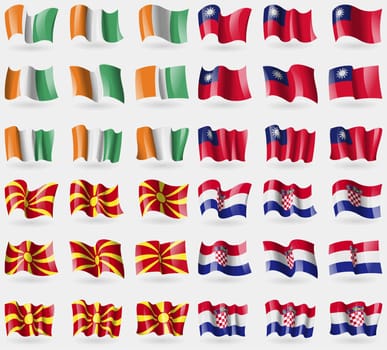 Cote Divoire, Taiwan, Macedonia, Crotia. Set of 36 flags of the countries of the world. illustration