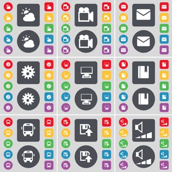 Cloud, Film camera, Message, Gear, Monitor, Dictionary, Bus, Floppy, Video icon symbol. A large set of flat, colored buttons for your design. illustration