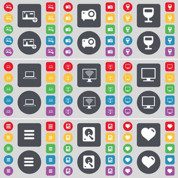 Picture, Projector, Wineglass, Laptop, Monitor, Apps, Hard drive, Heart icon symbol. A large set of flat, colored buttons for your design. illustration
