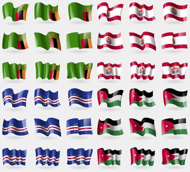 Zambia, French Polynesia, Cape Verde, Jordan. Set of 36 flags of the countries of the world. illustration