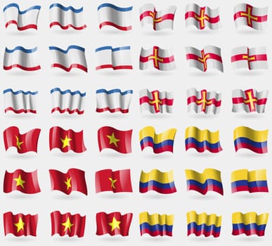 Crimea, Guernsey, Vietnam, Colombia. Set of 36 flags of the countries of the world. illustration