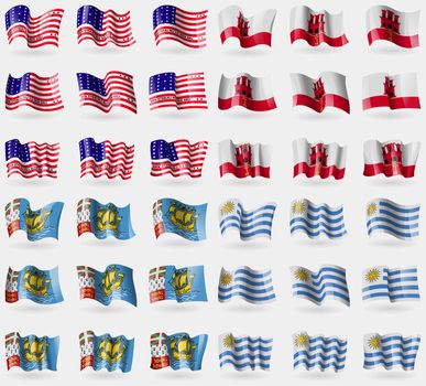 Bikini Atoll, Gibraltar, Saint Pierre and Miquelon, Uruguay. Set of 36 flags of the countries of the world. illustration