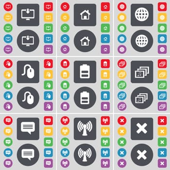 Monitor, House, Globe, Mouse, Battery, Gallery, Chat bubble, Wi-Fi, Stop icon symbol. A large set of flat, colored buttons for your design. illustration