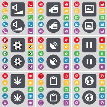 Volume, Film camera, Picture, Ball, Satellite dish, Pause, Marijuana, Survey, Planet icon symbol. A large set of flat, colored buttons for your design. illustration