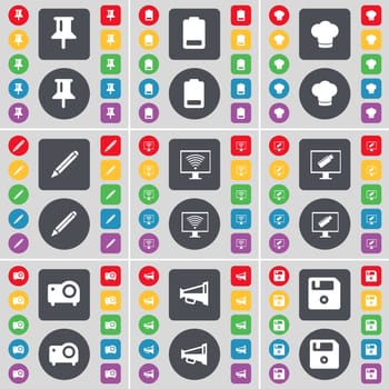 Pin, Battery, Cooking hat, Pencil, Monitor, Projector, Megaphone, Floppy icon symbol. A large set of flat, colored buttons for your design. illustration