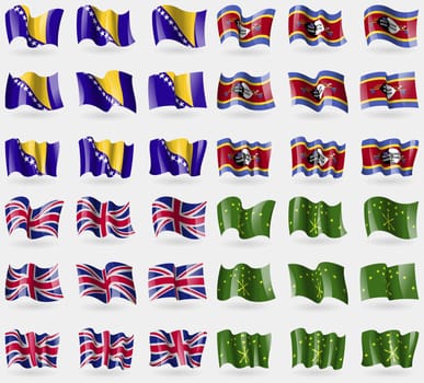 Bosnia and Herzegovina, Swaziland, United Kingdom, Adygea. Set of 36 flags of the countries of the world. illustration