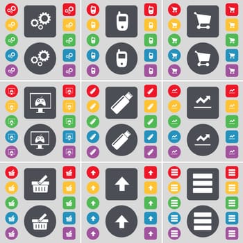 Gears, Mobile phone, Shopping cart, Monitor, USB, Graph, Basket, Arrow up, Apps icon symbol. A large set of flat, colored buttons for your design. illustration