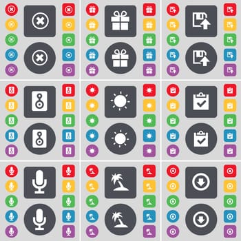 Stop, Gift, Floppy, Speaker, Light, Survey, Microwave, Palm, Arrow down icon symbol. A large set of flat, colored buttons for your design. illustration
