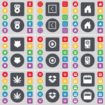 Medal, Arrow left, House, Police badge, Arrow, Speaker, Marijuana, Dropbox, Calendar icon symbol. A large set of flat, colored buttons for your design. illustration